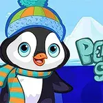 Pingwin w czapce i szaliku na tle lodowca z napisem Penguin Skip