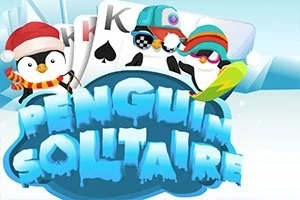 Pingwiny w zimowych czapkach i szalikach na tle kart do gry i napis Penguin Solitaire