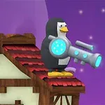 Pingwin z dużą, świecącą bronią, stojący na dachu domu z czerwonymi dachówkami na tle fioletowego nieba z gwiazdami