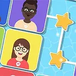 Kolorowe kafelki z rysunkowymi postaciami twarzy, połączone liniami ze złotymi gwiazdkami na niebieskim tle