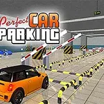 Pomarańczowy samochód wjeżdża na parking podziemny z oznakowanymi miejscami i szlabanami, z napisem „Perfect Car Parking” powyżej