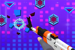 Ręka trzymająca futurystyczną broń na tle fioletowych pikseli i kształtów geometrycznych