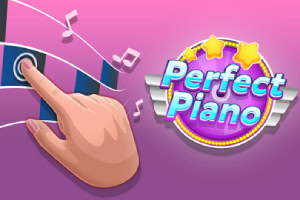 Logo z napisem Perfect Piano otoczone gwiazdkami na różowym tle z sercem i ręką wskazującą