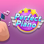 Logo z napisem Perfect Piano otoczone gwiazdkami na różowym tle z sercem i ręką wskazującą