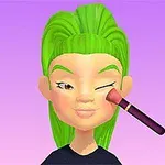 Postać z zielonymi włosami nakładająca róż na policzek przy pomocy pędzla, na fioletowym tle