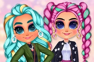 Dwie uśmiechnięte postacie o dużych oczach z kolorowymi włosami, jedna z długimi, turkusowymi falami, druga z różowymi warkoczami