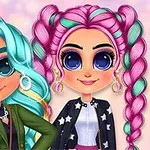 Dwie uśmiechnięte postacie o dużych oczach z kolorowymi włosami, jedna z długimi, turkusowymi falami, druga z różowymi warkoczami