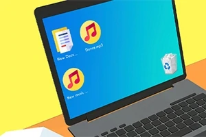 Laptop z niebieskim ekranem, na którym widać ikony plików i kosz na pulpicie