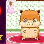 Pluszowy chomik na różowym dywaniku w pokoju z balonami i gwiazdą po lewej stronie