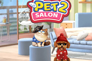 Kot i pies w przebraniach w salonie z logo Pet Salon 2 na górze