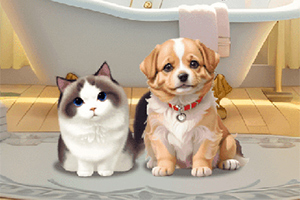 Kot i szczeniak siedzący razem na dywaniku przed wanną w łazience