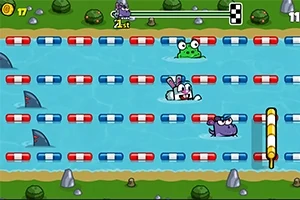 Kreskówkowe postacie zwierząt pływają w rzece pełnej przeszkód, takich jak rekiny i platformy z kolorowymi bojkami