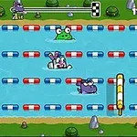 Kreskówkowe postacie zwierząt pływają w rzece pełnej przeszkód, takich jak rekiny i platformy z kolorowymi bojkami