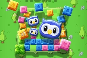 Kolorowe klocki i kreskówkowe sowy na tle zielonego krajobrazu z drzewami