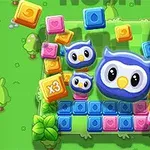 Kolorowe klocki i kreskówkowe sowy na tle zielonego krajobrazu z drzewami