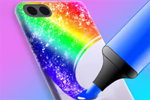 Telefon z kolorowym, tęczowym wzorem na obudowie, ozdabiany niebieskim markerem