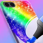 Telefon z kolorowym, tęczowym wzorem na obudowie, ozdabiany niebieskim markerem
