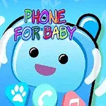 Uśmiechnięty, niebieski telefon z kolorowym napisem Phone for Baby na tle niebieskich fal