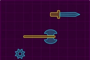 Niebiesko-żółte kontury miecza, topora i kolczastej kuli na fioletowym tle z siatką