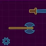 Niebiesko-żółte kontury miecza, topora i kolczastej kuli na fioletowym tle z siatką