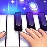 Ilustracja przedstawia kolorową klawiaturę pianina z dłońmi grającymi na klawiszach, otoczoną świetlnymi efektami