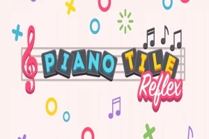 Kolorowe logo z napisem Piano Tile Reflex otoczone muzycznymi symbolami na jasnym tle