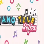 Kolorowe logo z napisem Piano Tile Reflex otoczone muzycznymi symbolami na jasnym tle
