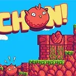 Czerwona, okrągła postać z wykrzyknikiem nad głową w pikselowym, kolorowym krajobrazie kamiennych bloków z napisem Pichon!