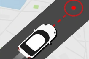 Ilustracja przedstawia widok z góry na biały samochód na ciemnoszarej drodze z czerwonym punktem i przerywaną linią przed nim