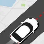 Ilustracja przedstawia widok z góry na biały samochód na ciemnoszarej drodze z czerwonym punktem i przerywaną linią przed nim