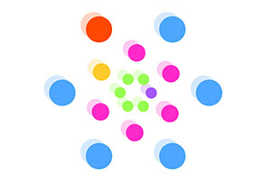 Kolorowe kółka ułożone w symetryczny wzór na białym tle