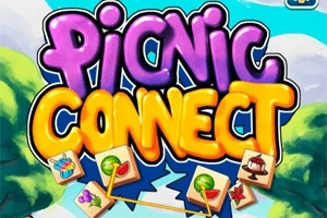 Kolorowy napis Picnic Connect otoczony ikonami z jedzeniem i napojami na tle drzew i błękitnego nieba