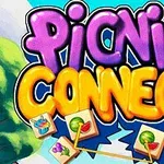 Kolorowy napis Picnic Connect otoczony ikonami z jedzeniem i napojami na tle drzew i błękitnego nieba