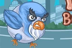 Niebieski ptak z groźnym wyrazem twarzy, pomarańczowym dziobem i dużymi brwiami na tle miejskiego krajobrazu