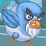 Niebieski ptak z groźnym wyrazem twarzy, pomarańczowym dziobem i dużymi brwiami na tle miejskiego krajobrazu