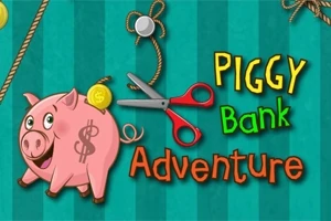 Różowa świnka skarbonka z uśmiechem i symbolem dolara, obok nożyczki, moneta oraz napis Piggy Bank Adventure na zielonym tle