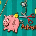 Różowa świnka skarbonka z uśmiechem i symbolem dolara, obok nożyczki, moneta oraz napis Piggy Bank Adventure na zielonym tle