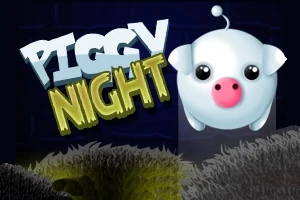 Napis Piggy Night obok uroczej postaci białej świnki z dużymi oczami na ciemnym tle