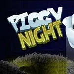 Napis Piggy Night obok uroczej postaci białej świnki z dużymi oczami na ciemnym tle