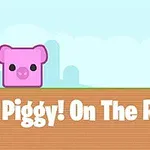 Różowa świnka na tle krajobrazu z drzwiami i napisem Piggy!