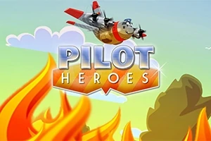 Samolot w powietrzu nad ogniem i drzewami z napisem PILOT HEROES na tle nieba