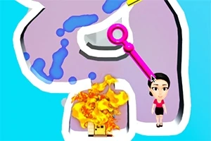 Postać stojąca obok płonącego ognia, z różowym kluczem w kształcie koła w labiryncie na niebieskim tle