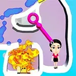 Postać stojąca obok płonącego ognia, z różowym kluczem w kształcie koła w labiryncie na niebieskim tle