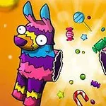 Kolorowa pinata w kształcie lamy, wypełniona cukierkami i konfetti na pomarańczowym tle