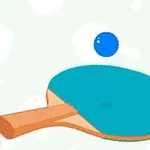 Niebieska piłeczka unosi się nad niebieską rakietką do ping-ponga na jasnym tle z wzorem rakietek