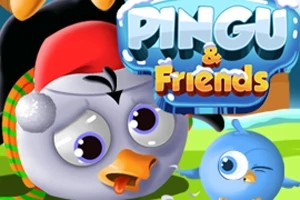 Pingwin w czapce Mikołaja i niebieski ptak na tle zielonego krajobrazu z napisem PINGU & Friends