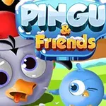 Pingwin w czapce Mikołaja i niebieski ptak na tle zielonego krajobrazu z napisem PINGU & Friends