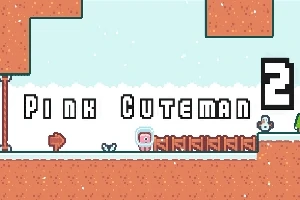 Postać w różowym stroju w pikselowym świecie z napisem Pink Cuteman 2 na tle platformy z pikselowymi elementami