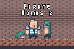 Postacie w stylu pixel art stojące na ceglanej platformie z tytułem Pirate Bombs 2 nad nimi