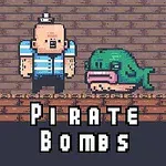 Postać w marynarskim stroju stoi obok zielonej ryby na tle drewnianej ściany, z napisem Pirate Bombs poniżej